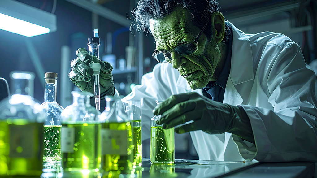 Frankenstein's monster in a lab setting, working with vials of green liquid