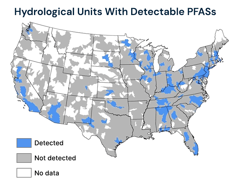 Concentration of PFAS in major geographic areas of the U.S.