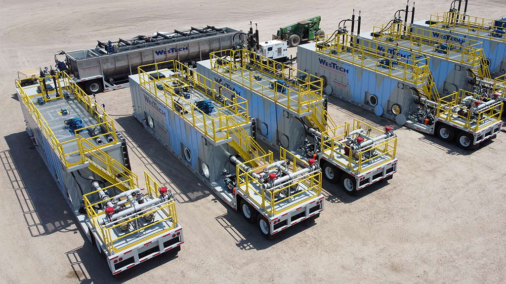 Aerial view of six mobile ballasted flocculation clarifiers