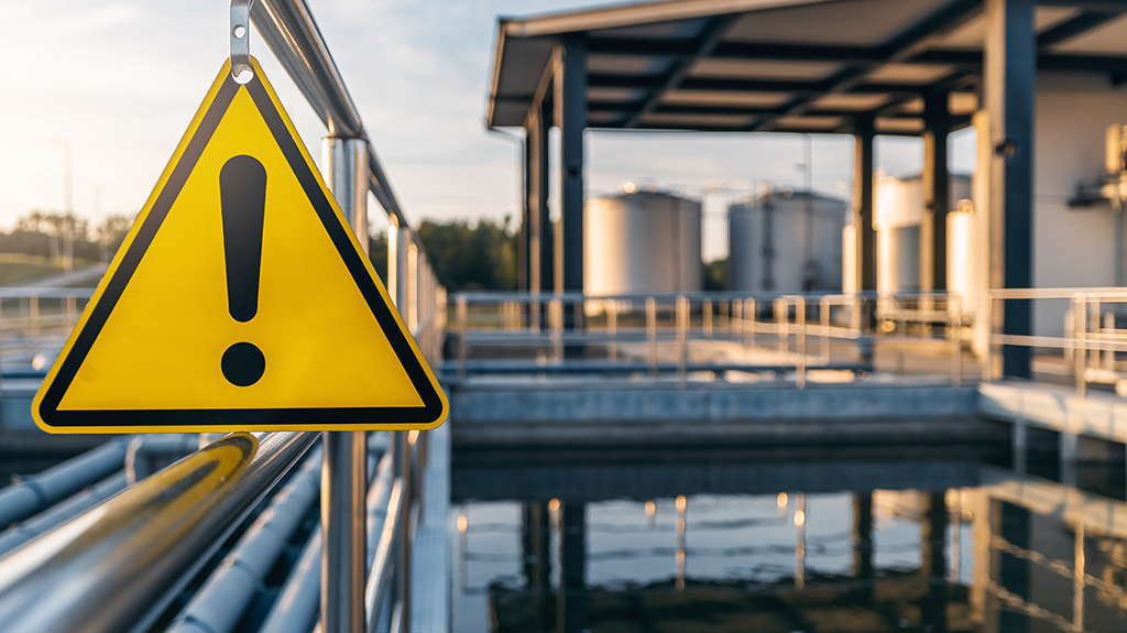 A water treatment facility with a yellow triangular warning sign hanging off a railing