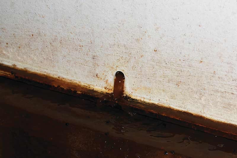 close up of leaking weep hole in wall between clarifier and filter compartments
