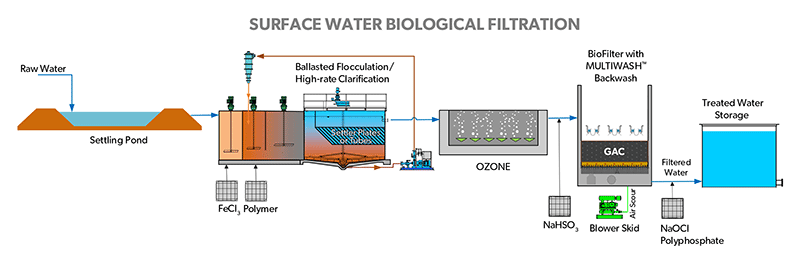 Surface water biological filtration process flow
