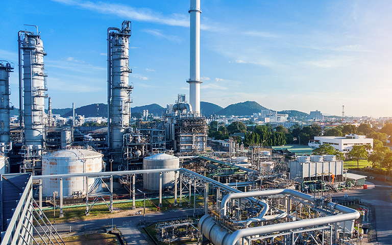 Refinery water treatment plant at sunset