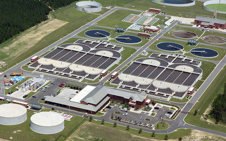 Aerial view of OxyStream ditches and COP clarifiers at Central Water Reclamation Facility
