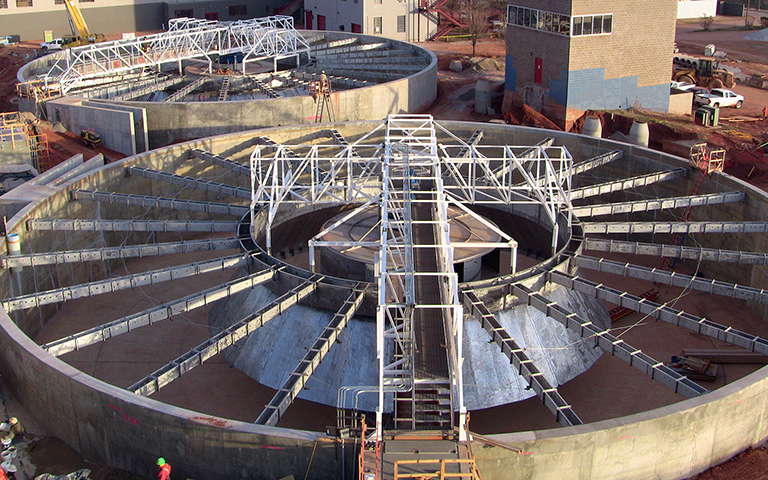 Two Solids CONTACT CLARIFIERS being built at Hefner water treatment plant.