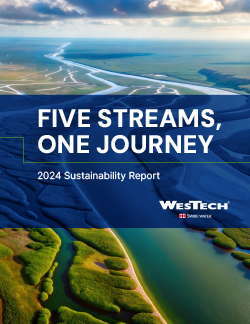 Sustainability Report cover, showing title and beautiful wetlands photo